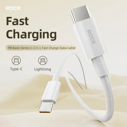 Rock Cable P8 Basic sorozat - Type C to Type C - PD 60W 3A 1 méter fehér - 2