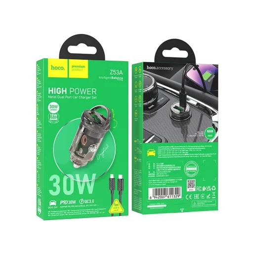 HOCO nabíjačka do auta USB-A + Type-C + kábel Type-C na Lightning PD QC3.0 3A 30W Z53A čierna - 2