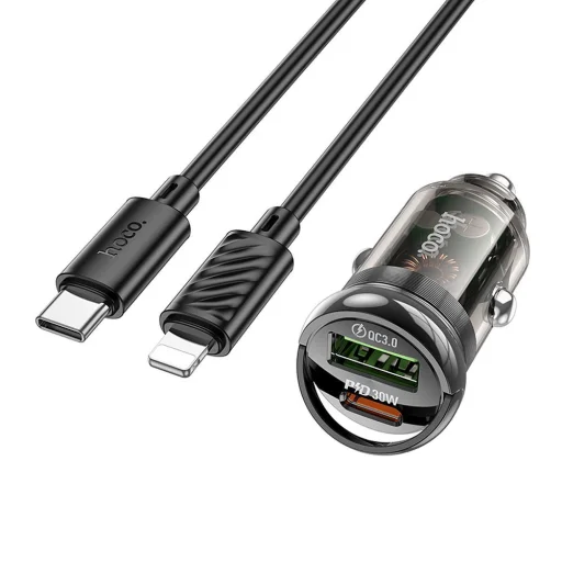 HOCO nabíjačka do auta USB-A + Type-C + kábel Type-C na Lightning PD QC3.0 3A 30W Z53A čierna - 1