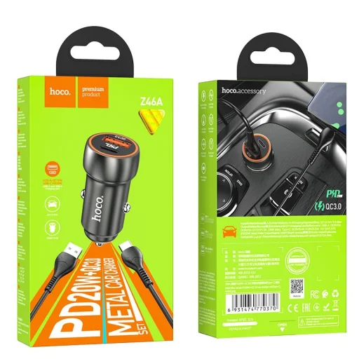 HOCO autós töltő USB A + Type C + kábel USB A - Type C PD QC3.0 3A 20W Z46A szürke - 2
