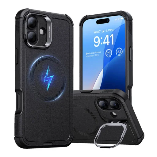  iPhone 16 Fekete ESR Cyber Tough tok beépített állvánnyal (HaloLock) - 1