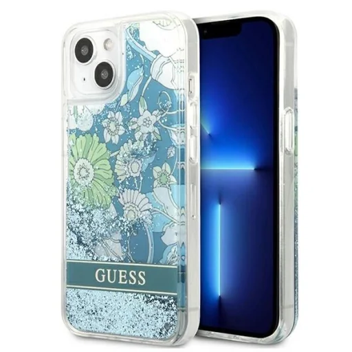 Guess GUHCP13SLFLSN iPhone 13 mini 5.4" zöld/zöld keménytok Flower Liquid Glitter tok - 1