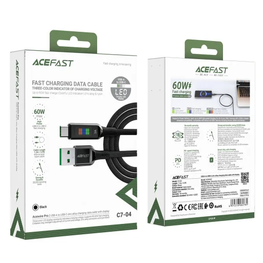 Acefast C7-04 USB-A USB-C 60W 1.2m kábel kijelzővel - fekete - 7