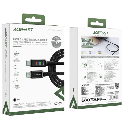 Acefast C7-03 USB-C USB-C 100W 1,2m kábel kijelzővel - fekete - 7