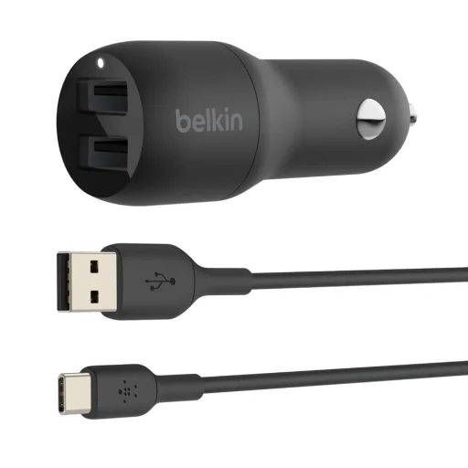 Belkin BOOST TÖLTŐ Autós Töltő Kettős USB-A 24W + USB-A - USB-C Kábel - Fekete - 1
