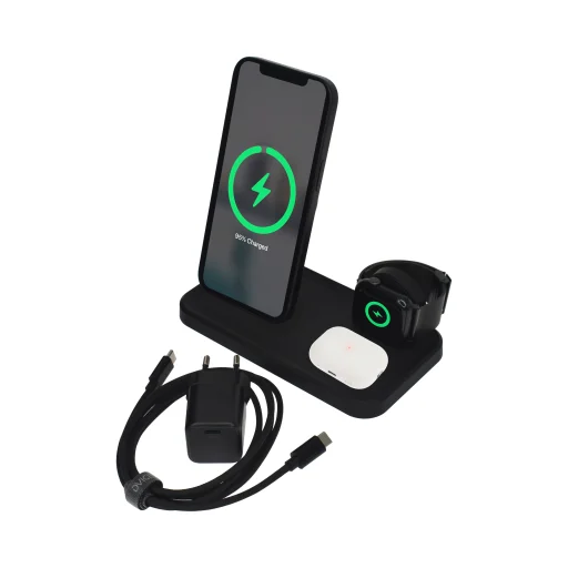 Dviced 3 az 1-ben mágneses vezeték nélküli állvány kábellel, fali töltővel - Fekete - 3