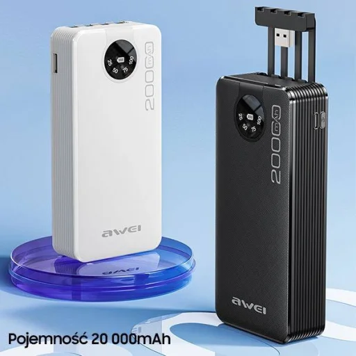 Powerbank 20000mAh Kijelzővel + Kábelek USB/PD/iPhone Lightning/MicroUSB AWEI (P134K) fekete - 3