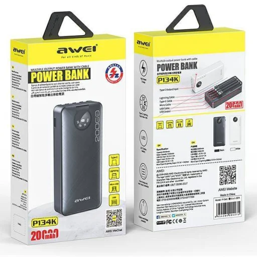 Powerbank 20000mAh Kijelzővel + Kábelek USB/PD/iPhone Lightning/MicroUSB AWEI (P134K) fekete - 8
