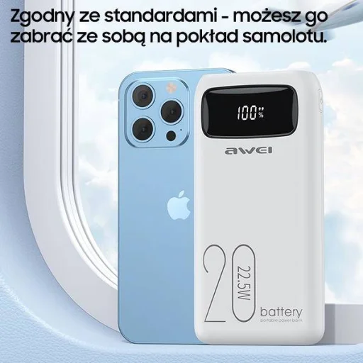 Powerbank 20000mAh 22.5W Kijelzővel + PD/iPhone Kábelek Lightning AWEI (P169K) fekete - 7