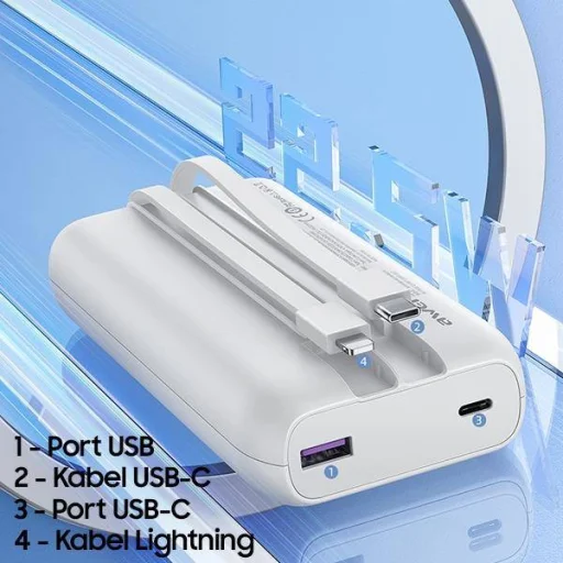 Powerbank 20000mAh 22.5W Kijelzővel + PD/iPhone Kábelek Lightning AWEI (P169K) fekete - 4