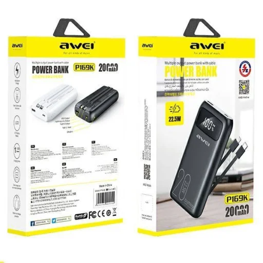 Powerbank 20000mAh 22.5W Kijelzővel + PD/iPhone Kábelek Lightning AWEI (P169K) fekete - 8