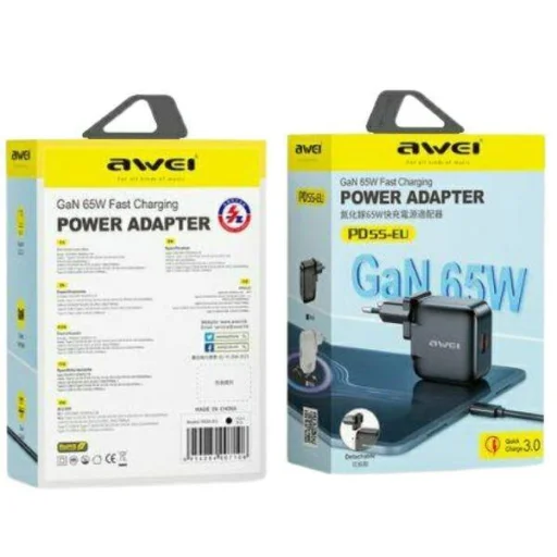 AWEI nice. network. PD55-EU 65W USB + USB-C fekete/fekete GaN, - 2