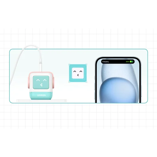 Ugreen Nexode RG (Robot GaN) hálózati töltő, 2x USB-C + USB, 65W (rózsaszín - kék) - 7