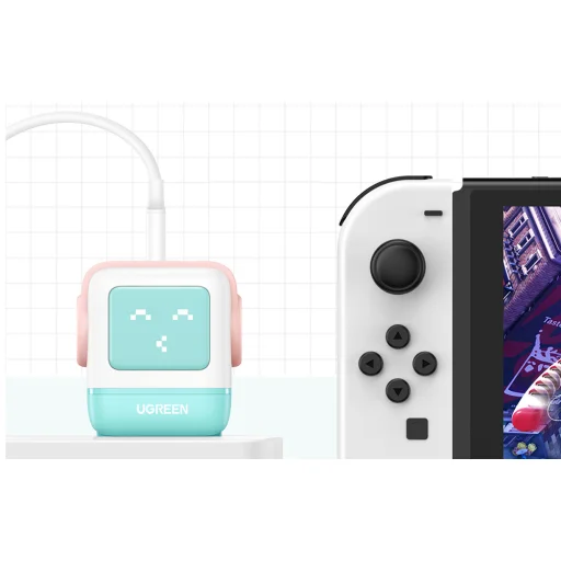 Ugreen Nexode RG (Robot GaN) hálózati töltő, 2x USB-C + USB, 65W (rózsaszín - kék) - 2