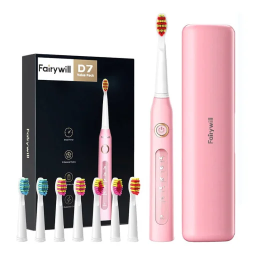 FairyWill FW-507 Plus Szónikus fogkefe fejkészlettel és tokkal (rózsaszín) - 4