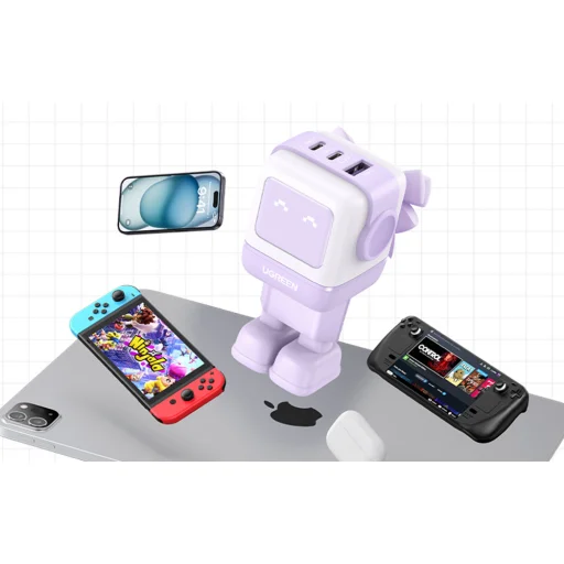 Fali töltő Ugreen Nexode RG (Robot GaN), 2x USB-C + USB, 65W (lila) - 3