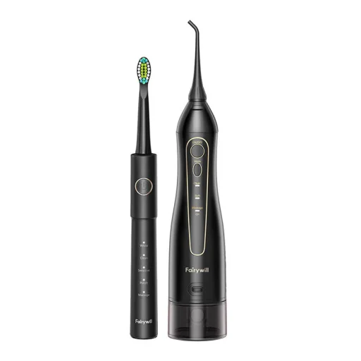 FairyWill FW-5020E + FW-E11 Szónikus fogkefe fejkészlettel és szájzuhannyal (fekete) - 4