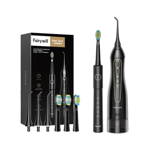 FairyWill FW-5020E + FW-E11 Szónikus fogkefe fejkészlettel és szájzuhannyal (fekete) - 1