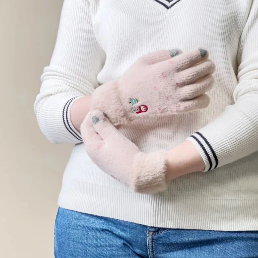 Női téli telefonos kesztyűk hóemberrel és karácsonyfával - bézs - 3