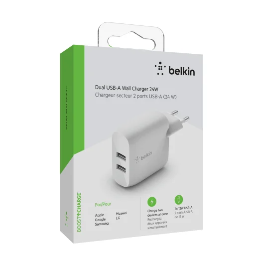Belkin BOOST CHARGE 24W 12W X2 USB-A, Kétportos fali töltő - Fehér - 3