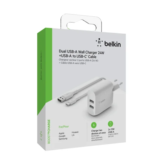 Belkin Boost Charger 24w USB-A Kettős Fali Töltő 1m A-C Kábellel - Fehér - 2
