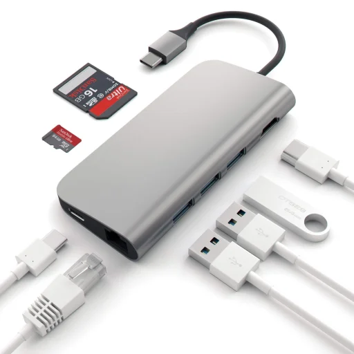 Satechi Alumínium Type-C Többportos Adapter (HDMI 4K, 3x USB 3.0, MicroSD, Ethernet) - Űrszürke - 6