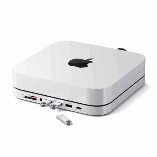Satechi Állvány és Hub Mac Mini / Studio-hoz (1x USB-C 3.2, 1x USB-A 3.2, 2x USB-A 3.0, 3.5 mm audio, 1x Micro/SD, 1x NVMe/M.2 SATA SSD ház meghajtó nélkül) - Ezüst - 9