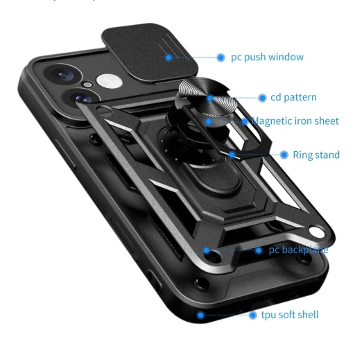 Hybrid Armor Camshield iPhone 16 Plus tok kameravédelemmel és állvánnyal - Fekete tok - 8