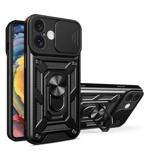 Hybrid Armor Camshield iPhone 16 Plus tok kameravédelemmel és állvánnyal - Fekete tok - 1
