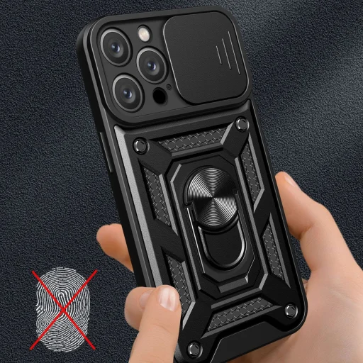 Hibrid Páncél Camshield iPhone 16 Pro Max Páncéltok Kameravédővel és Állvánnyal - Fekete tok - 5