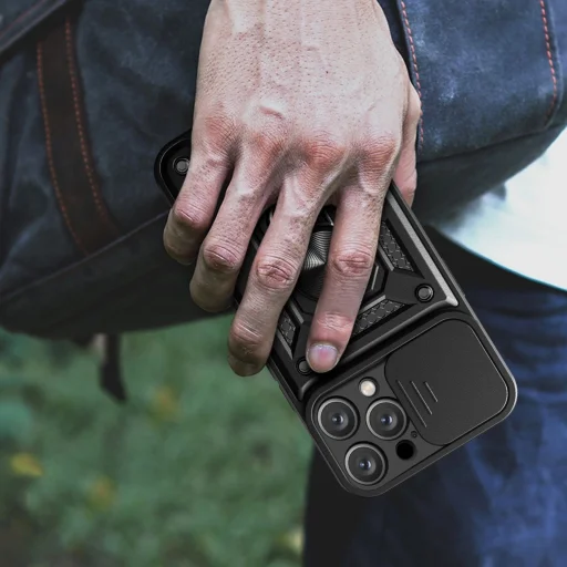 Hibrid Páncél Camshield iPhone 16 Pro Max Páncéltok Kameravédővel és Állvánnyal - Fekete tok - 8