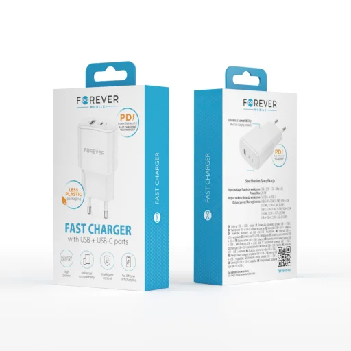 Forever TC-01-20AC PD QC töltő 1x USB-C 1x USB 20W fehér - 10
