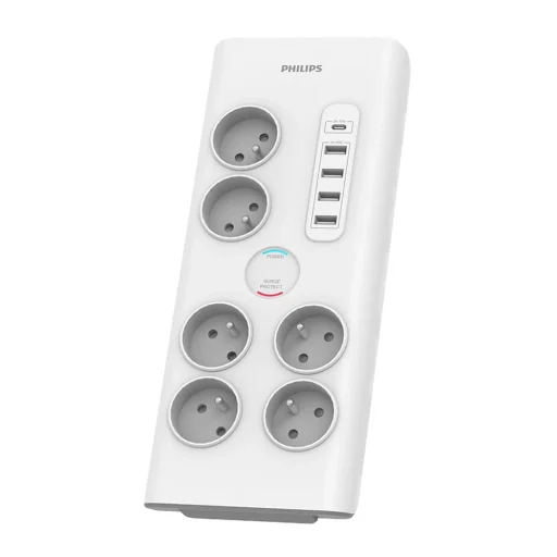 Túlfeszültségvédős hálózati elosztó PHILIPS hosszabbító kábel 6 aljzattal + 6xUSB-A + 1xUSB-C 2m 16A fehér - 1