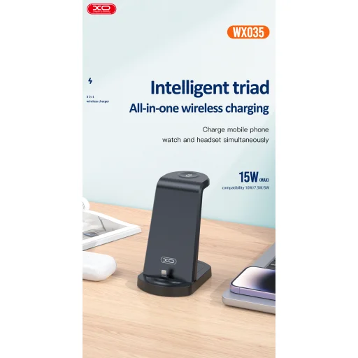 XO WX035 töltőállomás Lightning csatlakozóval 15W fekete 3 az 1-ben - 3