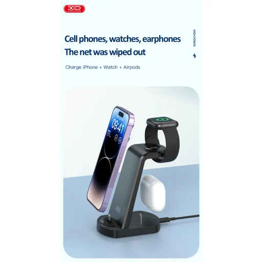XO WX035 töltőállomás Lightning csatlakozóval 15W fekete 3 az 1-ben - 4