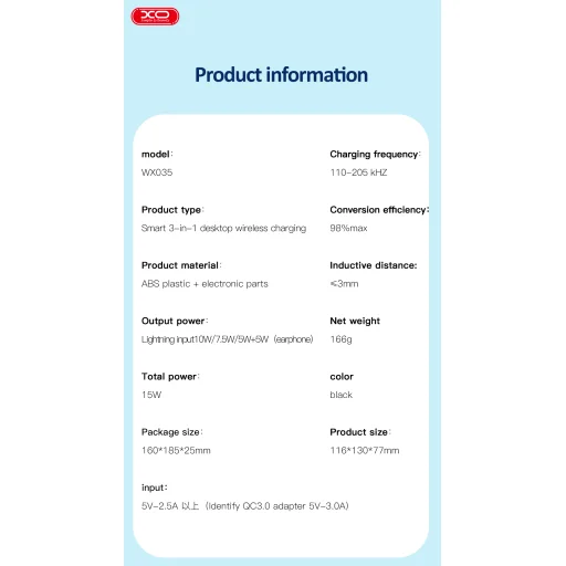 XO WX035 töltőállomás Lightning csatlakozóval 15W fekete 3 az 1-ben - 7