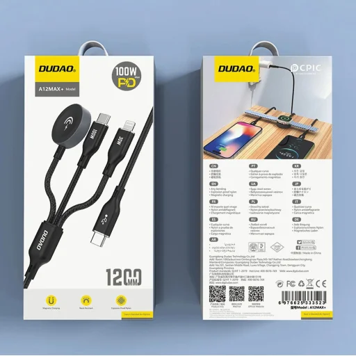 Apple Watch Dudao A12Max+ PD 100W 3 az 1-ben Töltőkábel: USB-C Lightning 1.2m - Fekete - 2