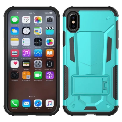 Zizo Hybrid Transformer ütésálló tok kihajtható támasztékkal iPhone X zöldeskék-fekete színben - 5