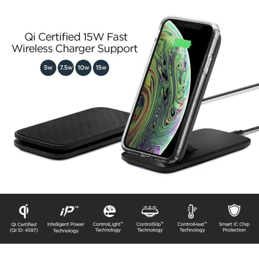 Spigen F316W vezeték nélküli Qi gyorstöltő 15W + hálózati adapter fekete színben - 4