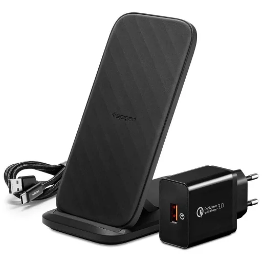 Spigen F316W vezeték nélküli Qi gyorstöltő 15W + hálózati adapter fekete színben - 1