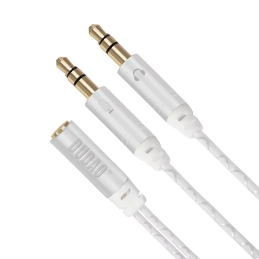 Dudao 4 pólusú 3.5mm mini jack ( aljzat ) - 2x 3.5mm mini jack ( csatlakozó ) AUX 20cm kábel ezüst (L11R) - 4