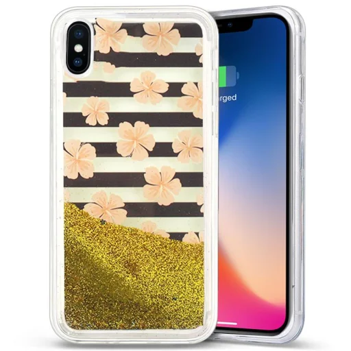 iPhone X/XS Zizo Liquid Glitter Star tok rózsaszín virágmintás - 1