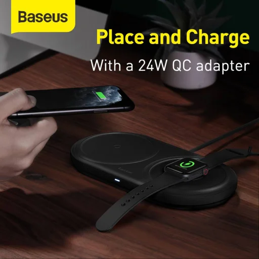 Baseus 2in1 vezeték nélküli Qi gyorstöltő fekete színben (WXPL-B01) - 6