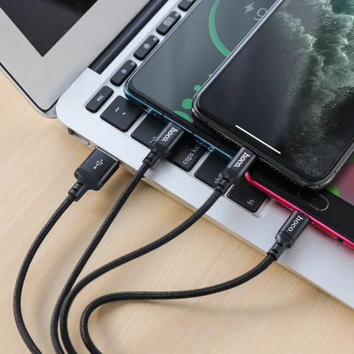 HOCO X14 3in1 töltő kábel 2.4A Micro USB/Lightning/Type-C fekete, iPhone töltőkábel - 2