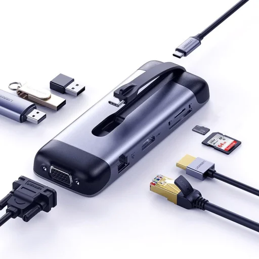Ugreen 9in1 multifunkcionális HUB USB Type C - HDMI / 3x USB 3.2 Gen 1 (5 Gbps) / SD micro SD kártyaolvasó / VGA / RJ45 / USB Type C Power Delivery 100 W 20 V 5 A szürke (70409 CM286) - 2