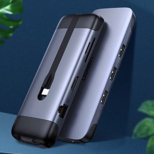 Ugreen 9in1 multifunkcionális HUB USB Type C - HDMI / 3x USB 3.2 Gen 1 (5 Gbps) / SD micro SD kártyaolvasó / VGA / RJ45 / USB Type C Power Delivery 100 W 20 V 5 A szürke (70409 CM286) - 3