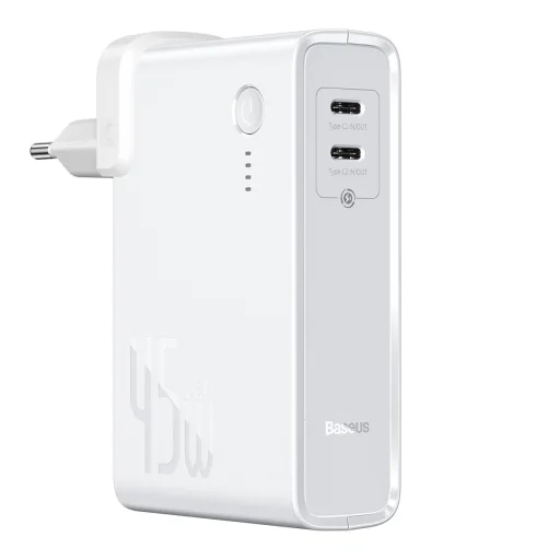 Baseus GaN power bank 10000 mAh gyors hálózati töltő adapter PPS 45 W 2x USB Type-C Quick Charge 3.0 Power Delivery (gallium nitrid) + USB Type C 1m kábel fehér (PPNLD-F02) - 1