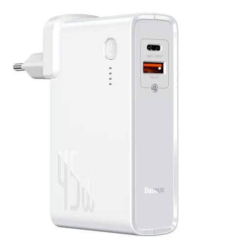 Baseus GaN Power Station 2 az 1-ben gyors fali töltő EU dugós QC 45W + power bank 10000mAh 30W + USB Type-C kábel fehér (PPNLD-H02) - 1