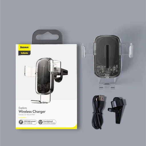 Baseus Explore Univerzális szellőzőre rögzíthető gravity autós tartó és Qi töltő 15 W átlátszó (WXYL-K02) - 18