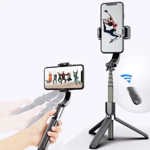 Selfie bot és teleszkópos tripod állvány bluetooth kioldós gimbalal fekete - 12